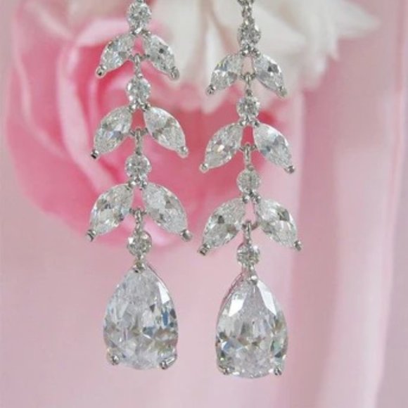 Elegant Linear Leaf Diamond CZ Dangle Earrings Long Silver Nadri Style - Picture 5 of 8